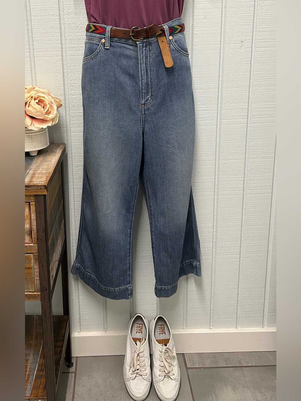 Wrangler Medium Blue High-Rise Wide Leg Cropped Jeans